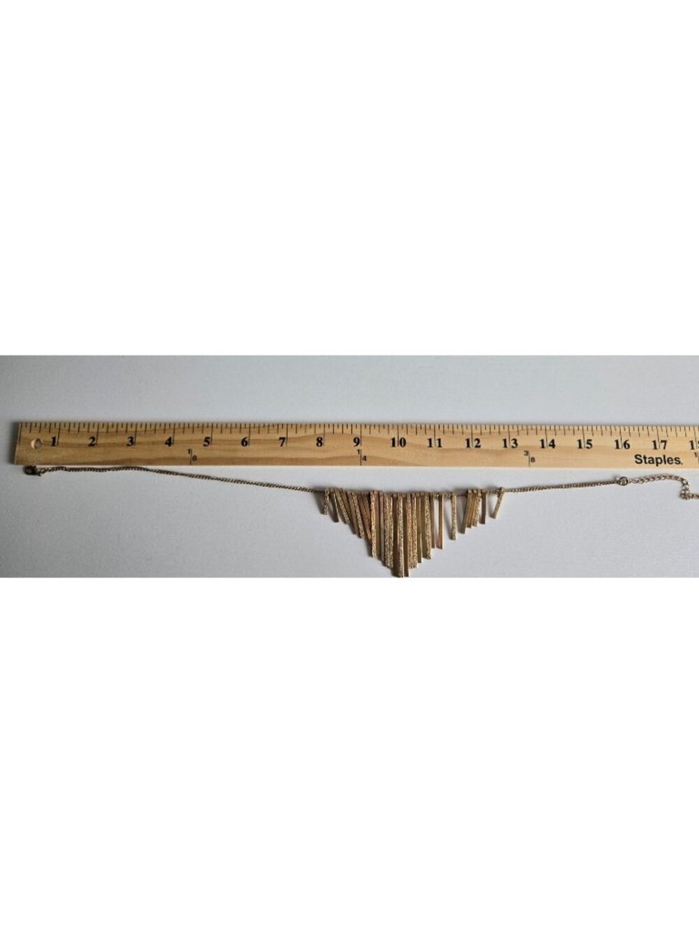 Multi Gold Tone Necklace Metal Sticks Fringes Fancy Bib 16 in with 3 in Extender - Picture 3 of 5